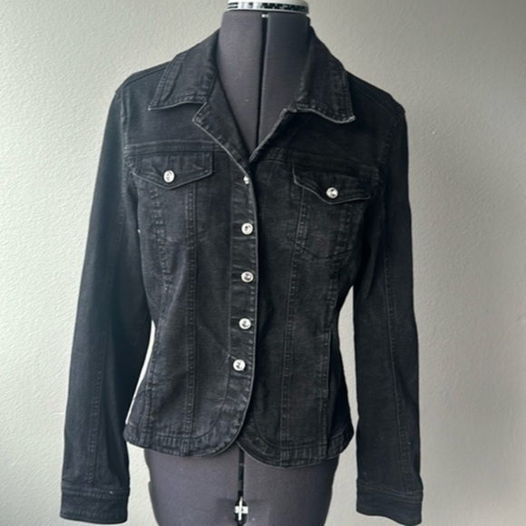 Christine Alexander Jacket Black Washed Denim Size Small Rhinestone Accents